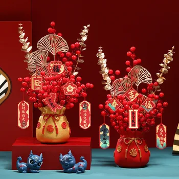 1 комплект китайских Новогодних красных фруктов Золотой Лист, Фруктовые украшения на удачу, имитация цветка для украшения дома