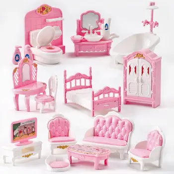 10 предметов Кавайный Розовый Миниатюрный Кукольный Домик Мебельные Аксессуары Детские Игрушки Ванная Комната Спальня Кухня Кухонные Принадлежности Для Игры Барби