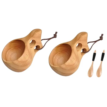 2 упаковки деревянной чашки в скандинавском стиле Kuksa Cup Портативная походная кружка для питья Деревянная кофейная чашка с деревянной ложкой