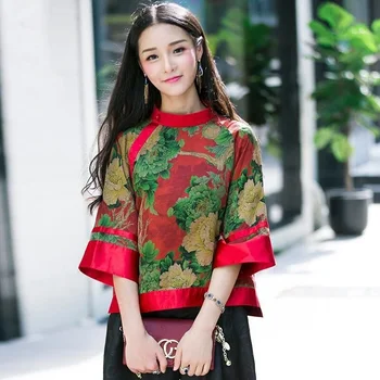 2023 винтажная атласная блузка с китайским традиционным цветочным принтом, топы чонсам, женская национальная блузка, восточная этническая блузка, костюм тан
