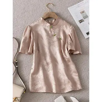 2024 Китайская улучшенная блузка чонсам женская винтажная блузка со стоячим воротником, изящная весенне-летняя футболка, восточная одежда