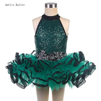 24009 Детская темно-зеленая балетная пачка с блестками, лиф из спандекса с короткими юбками-пачками, балетные костюмы для выступлений на сцене для девочек