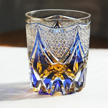 250 мл Бокал Edo Kiriko ручной работы с цветочным узором в японском стиле, стеклянный стаканчик для виски янтарно-синего цвета с подарочной коробкой, 1 шт.