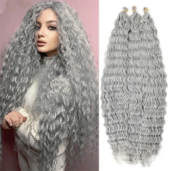 Bellqueen Grey Наращивание волос крючком с океанской волной Африканские локоны Синтетические волосы для плетения глубоких волн для чернокожих женщин 24 32 дюйма