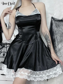 InsDoit Готическое кружевное мини-платье с открытой спиной, черное кружевное облегающее платье в стиле пэчворк, клубная одежда в стиле панк-эмо, сексуальные платья с открытой спиной