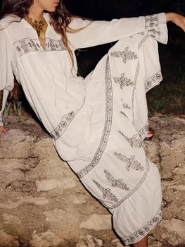 Khalee Yose Шикарное Макси-платье с цветочной вышивкой, Белое Свободное Праздничное Женское платье в стиле Бохо в винтажном стиле с длинным рукавом, Сексуальные Женские платья, Vestidos