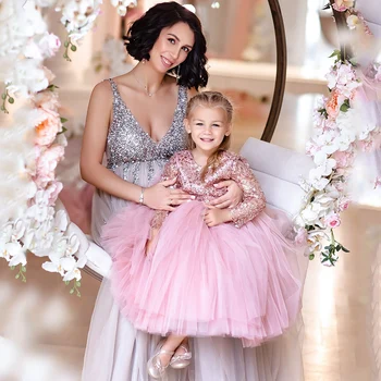 Long Sleeves Flower Girl Dresses 2022 New Tulle Baby A-Line Christmas Prom Gowns Sequin Kids Birthday Dress платье для девочки