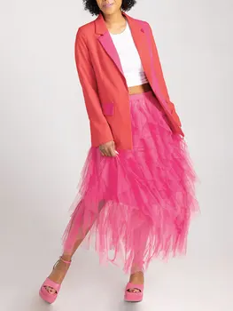 Louatui Женская Сетчатая длинная юбка Элегантная, с высокой талией, Нерегулярная, из цельного тюля, Летняя юбка