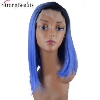 StrongBeauty Синтетические синие парики с кружевом спереди, прямые волосы средней длины, женский парик из термостойкого волокна