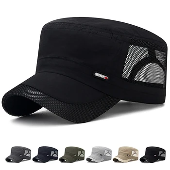 Быстросохнущая военная кепка, летние сетчатые мужские кепки с плоским верхом, женская мужская солнцезащитная армейская кепка, Дышащая кепка, однотонные армейские шляпы в стиле ретро