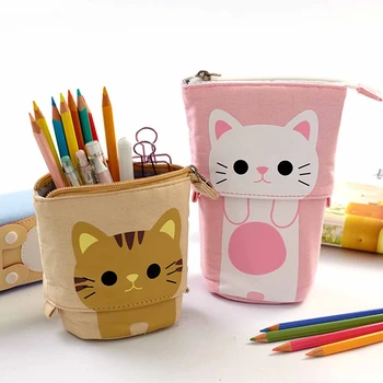 Выдвижной пенал с рисунком милого кота, сумка для школьных канцелярских принадлежностей, кавайные чехлы для ручек, Холщовый держатель для ручек большой емкости, Подарки для детей