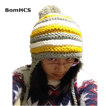 Вязаная шапочка BomHCS в полоску в стиле пэчворк, 100% зимняя теплая женская шапка ручной работы