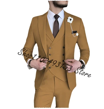 Деловые мужские костюмы цвета Хаки, комплект из 3 предметов (куртка, брюки, жилет), Свадебные смокинги Для Жениха, приталенный мужской блейзер Trajes De Hombre