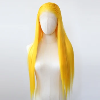 Желтый парик 13x4, синтетический парик на кружеве, Длинный прямой Желтый синтетический парик на кружеве, предварительно выщипанный из термостойких волокон.