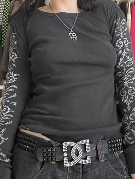 Женская рубашка с длинным рукавом Y2k, топы свободного кроя с ретро-принтом, Эстетичный Гранжевый пуловер, Футболка, Уличная одежда