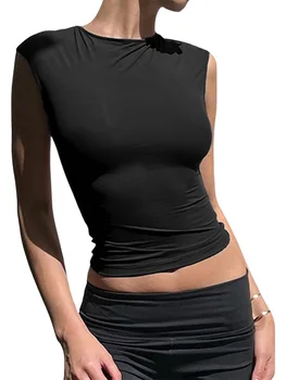 Женская сексуальная майка с открытой спиной, укороченные футболки без рукавов с круглым вырезом, однотонные облегающие майки Y2K для клубных вечеринок на бретелях