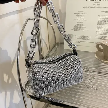 Женская сумка со стразами 2023, модная сумочка на цепочке из страз, маленькая квадратная сумка через плечо, сотня сумок через плечо, сумка для мобильного телефона