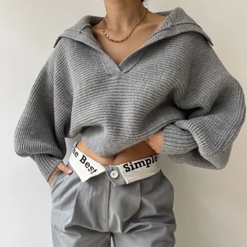 Женские модные Свободные однотонные вязаные свитера с отложным воротником, винтажные свитера с длинным рукавом, джемперы, женские пуловеры, шикарные топы