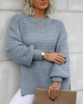 Женский свитер 2023, осенняя мода, длинный рукав, макет шеи, раздельный подол, Повседневный простой свободный пуловер из ребристой вязки, свитер