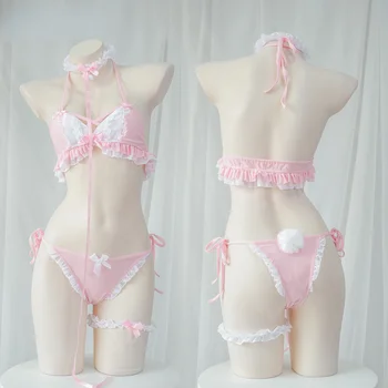 Женский сексуальный костюм Lolita Cute Uniform Kawaii Anime Комплект бикини с кольцом на шее, нижнее белье с розовым кружевным бантом, комплект нижнего белья, костюм для косплея