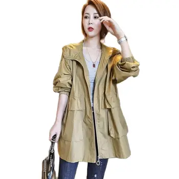 Женский тренч из 100% хлопка средней длины, весенне-осенняя новая корейская версия, свободная повседневная куртка с капюшоном и карманами для женщин