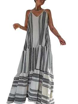 Женское летнее длинное платье в богемном стиле без рукавов на бретельках с графическим принтом, Свободное платье-комбинация миди, пляжная одежда