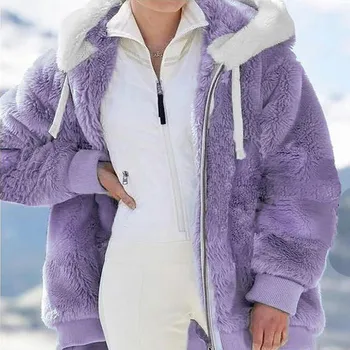 Женское модное зимнее свободное плюшевое пальто с капюшоном с длинным рукавом и карманом на молнии
