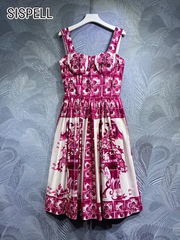 Женское платье SISPELL с цветочным принтом, квадратный воротник, без рукавов, высокая талия, трапециевидные складки, платья, Новинка женской моды