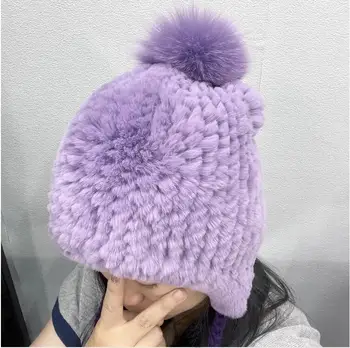 Зимняя фиолетовая шапка из натурального меха кролика Рекс для женщин и девочек, шапки ручной работы с помпоном-ушанкой.