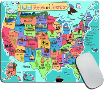 Карта Соединенных Штатов Коврик для мыши Забавные факты из мультфильма Коврик для мыши Коврик для мыши Квадратный коврик для мыши Нескользящие коврики для мыши на резиновой основе
