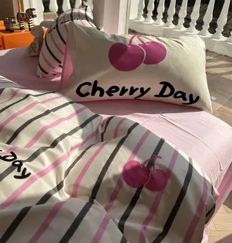 Комплект постельного белья Sweet cute pastoral cherry, twin full queen из хлопка в розово-черную полоску, домашний текстиль, простыня, наволочка, пододеяльник