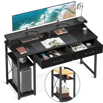 Компьютерный стол с выдвижными ящиками, 48-дюймовый офисный стол с сумкой для хранения и полками, Рабочий письменный стол с полкой для монитора