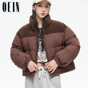 Корейская модная зимняя женская вельветовая пуховая куртка с воротником на молнии, пальто в стиле пэчворк, уличная одежда, толстые теплые короткие парки, куртки