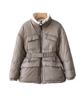 Куртка из овечьей шерсти, воротник-стойка, короткая с поясом, свободный крой, дизайн с несколькими карманами, теплая и удобная новинка зимы 2023 года 1228