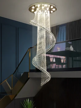 Лестничная люстра, современный минимализм и великолепная вилла, лофт с полой высотой, вращающаяся хрустальная двухуровневая напольная люстра для гостиной