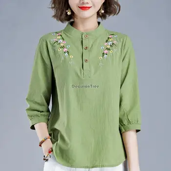 Летний костюм китайской династии тан из хлопка и льна 2023, топ с коротким рукавом, женская весенняя рубашка, свободный воротник-стойка, блузка с вышивкой s349