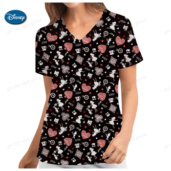Летний Новый Матовый Топ С V-образным вырезом, Женская Классическая рубашка Disney с Цветочным Рисунком 2023 Года, Женская Униформа Медсестры Больницы, Футболка
