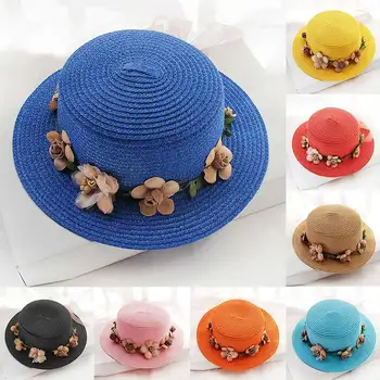 Лето 2023 года для родителей и детей, Новая женская шляпа от солнца, шляпа, шляпа, Бежевый кружевной бант, Цветочная лента, соломенная шляпа с плоским верхом, Пляжная шляпа