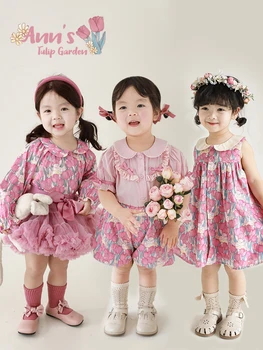 Милое розовое платье для девочек 2023, весеннее свободное пальто с цветочным принтом, детский прекрасный костюм принцессы