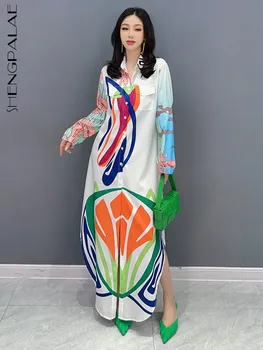 Модное женское платье-рубашка SHENGPALAE контрастного цвета с принтом, длинный рукав, Повседневный универсальный Vestido Robe, осень 2023, Новинка 5R3041
