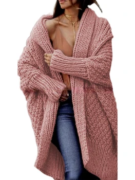 Модные женские свитера 2023 Осень Зима, однотонный длинный вязаный кардиган с рукавом 