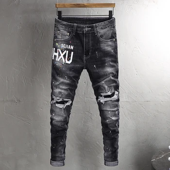 Модные мужские джинсы в стиле ретро, черные, серые, стрейчевые, приталенные, рваные джинсы, мужские дизайнерские джинсовые брюки в стиле хип-хоп с принтом, Hombre