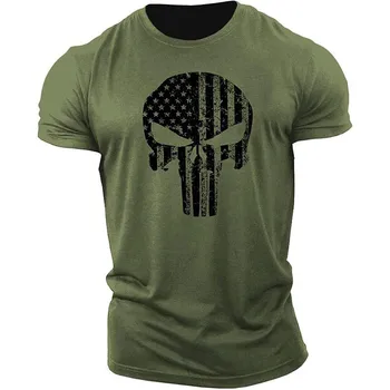 Мужская футболка с 3D принтом Черепа, Повседневная толстовка с короткими рукавами, Быстро сохнущая летом, Военная зеленая одежда Oversize 6XL2023