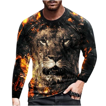 Мужская футболка с изображением тигра с длинным рукавом и рисунком большого лица животного, повседневные топы, винтажные рубашки со львом с 3D-принтом, уличная одежда в стиле хип-хоп