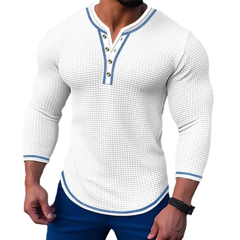 Мужские повседневные рубашки Henley, топы, футболка с V-образным вырезом и пуговицами, блузка, пуловер для пеших прогулок, уличный пуловер для тренировок, рубашка