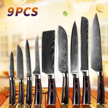 Набор кухонных ножей с дамасским узором, Ножи шеф-повара из японской высокоуглеродистой стали, Разделочный нож для приготовления пищи