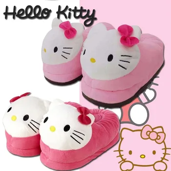 Новые плюшевые хлопчатобумажные тапочки Hello Kitty, Модные женские зимние плюшевые тапочки с героями мультфильмов, Розовая пара, домашняя нескользящая теплая обувь