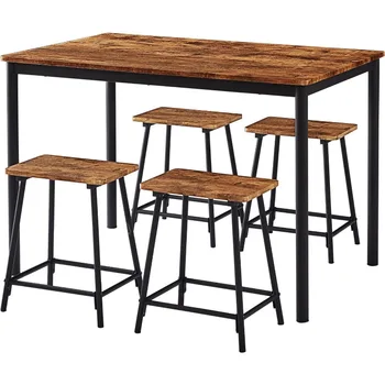 Обеденный стол VECELO из 5 Частей, рассчитанный на 4-6 Персон, Прямоугольная Барная Стойка, Кухонная Мебель из Металла и дерева с