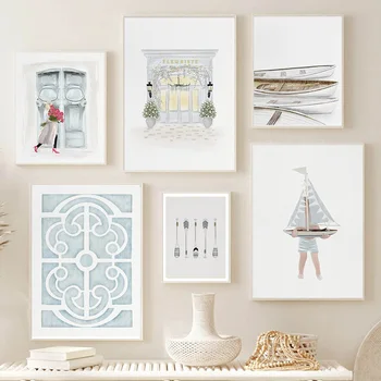 Океанская лодка, плакаты с цветочным узором, девушка на веслах, плакаты и принты на холсте в скандинавском минималистичном стиле, настенная картина для детской комнаты для домашнего декора