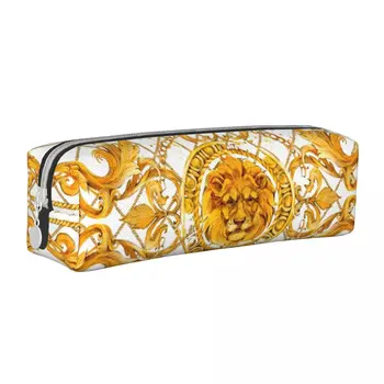Пенал с золотым львом и дамасским орнаментом, классическая коробка для ручек, сумки для карандашей, студенческий большой офисный косметический пенал для карандашей